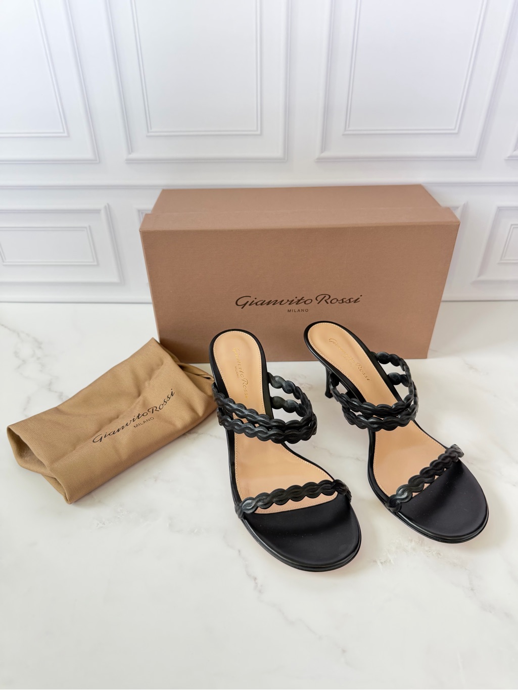 Gianvito Rossi Kay Nappa Black Leather Braided Strap Mule Heels Eu 37.5